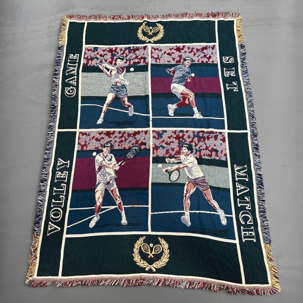 Goodwin Weavers Tennis Throw Blanket Green Game Set Volley Match Woven Cotton OS